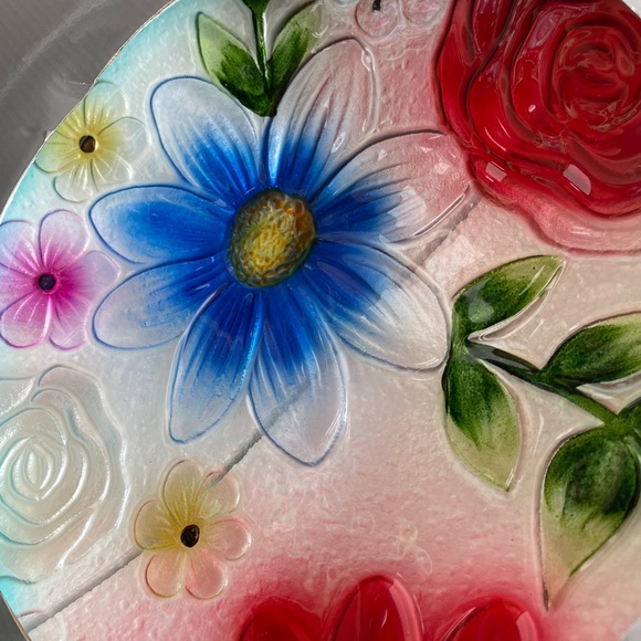 NIB Bright Colored Floral or Peacock Garden Glass Bird Bath w/ Stand - Picture 4 of 5